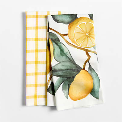 Lemon Print + Yarn-Dyed Yellow Plaid Organic Cotton Kitchen Dish Towel