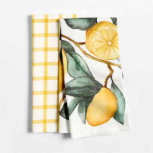 Lemon Print + Yarn-Dyed Yellow Plaid Organic Cotton Kitchen Dish Towel