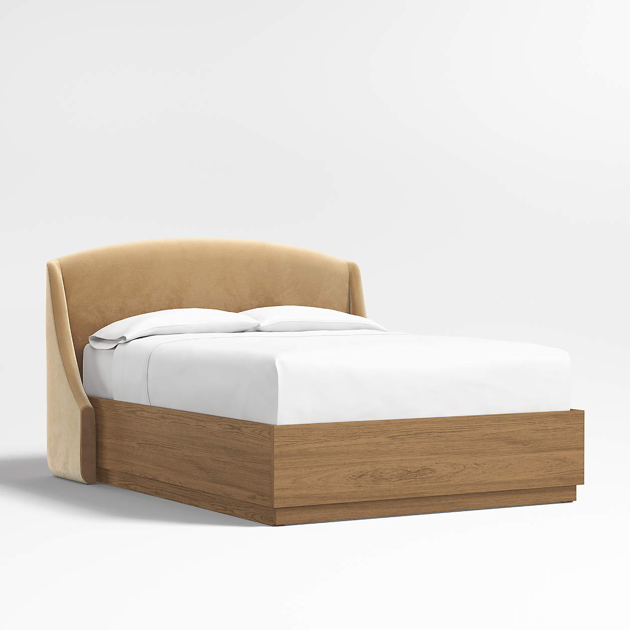 Lafayette 48" Velvet Camel Brown Upholstered Queen Headboard with Batten Brown Oak Storage Bed