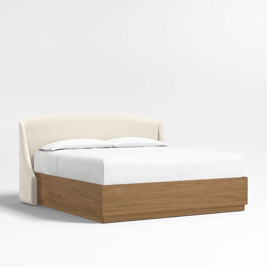 Lafayette 48" Linen Ivory Upholstered King Headboard with Batten Brown Oak Storage Bed Base