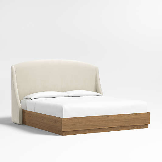 Lafayette 56" Beige Upholstered King Headboard with Batten Brown Oak Bed Base