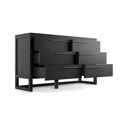 Linea 66" Black Teak Wood 6-Drawer Dresser