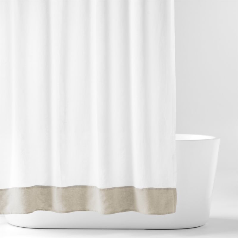 Linen Crisp White and Natural Taupe Border Shower Curtain