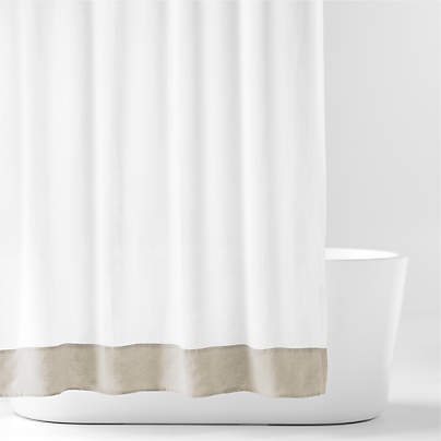 Linen Crisp White and Natural Taupe Border Shower Curtain