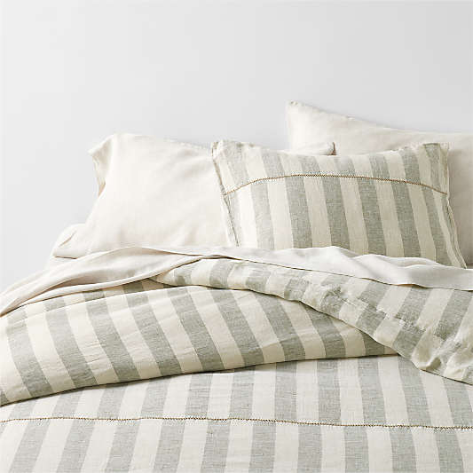 New Natural EUROPEAN FLAX™-Certified Linen Cabana Stripe Burnt Green Duvet Covers and Shams