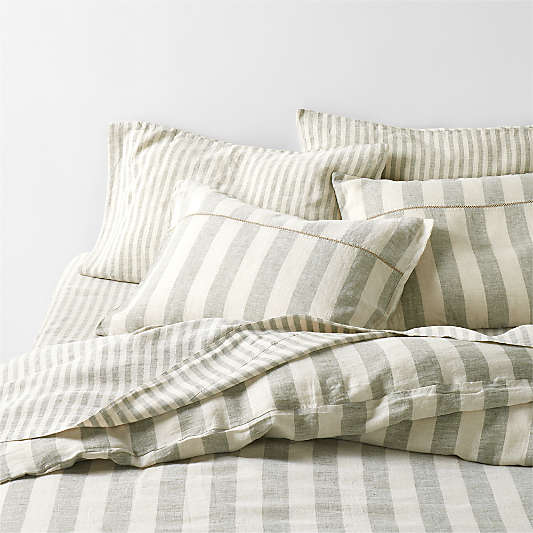 New Natural EUROPEAN FLAX™-Certified Linen Cabana Stripe Burnt Green Duvet Covers and Shams