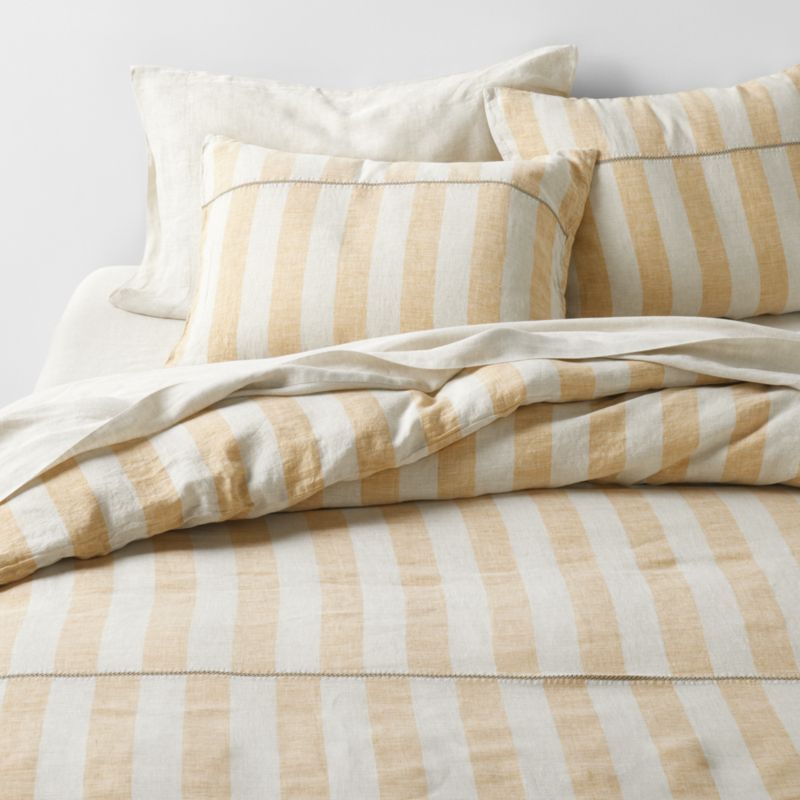 New Natural EUROPEAN FLAX ™-certified Linen Cabana Stripe Arcadia Tan/Savannah Yellow Full/Queen Duvet Cover - image 1 of 6