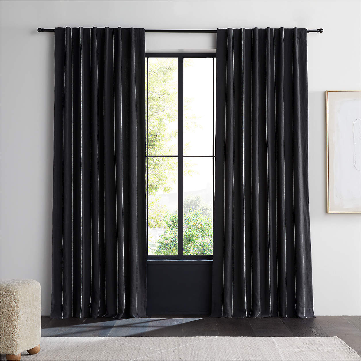 Storm Grey & Crisp White Linen Double Pinstripe Blackout Window Curtain Panel 52"x120" Crate