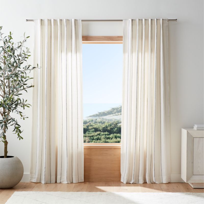 Pampas Ivory & Storm Grey Linen Double Pinstripe Window Curtain Panel 52"x96"