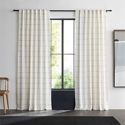 Pampas Ivory & Storm Grey Linen Double Pinstripe Grid Blackout Window Curtain Panel 52"x84"