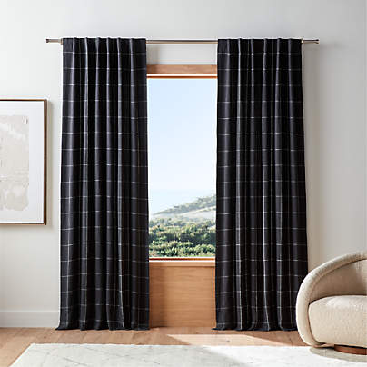 Storm Grey & Crisp White Linen Double Pinstripe Grid Blackout Window Curtain Panel 52"x84"