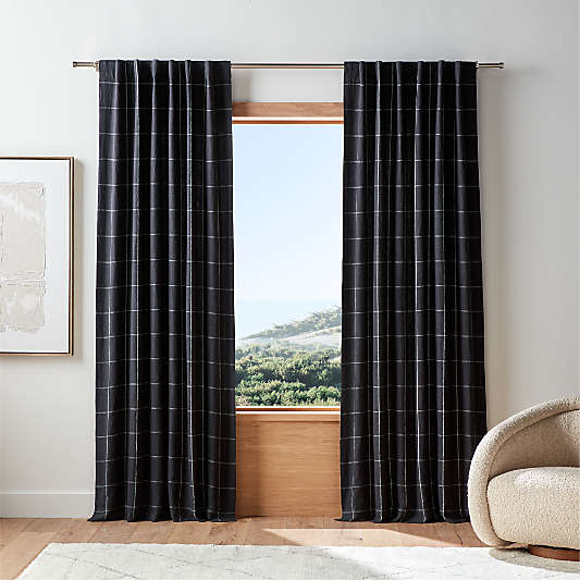 Storm Grey & Crisp White Linen Double Pinstripe Grid Blackout Window Curtain Panel 52"x84"