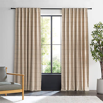 Warm Beige & Storm Grey Linen Double Pinstripe Grid Blackout Window Curtain Panel 52"x84"