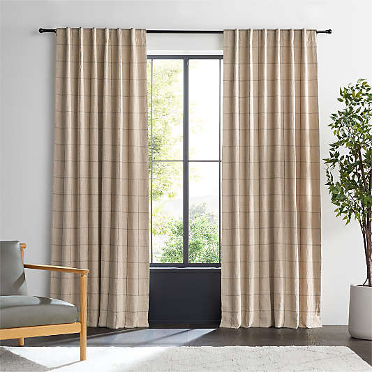 Warm Beige & Storm Grey Linen Double Pinstripe Grid Blackout Window Curtain Panel 52"x84"