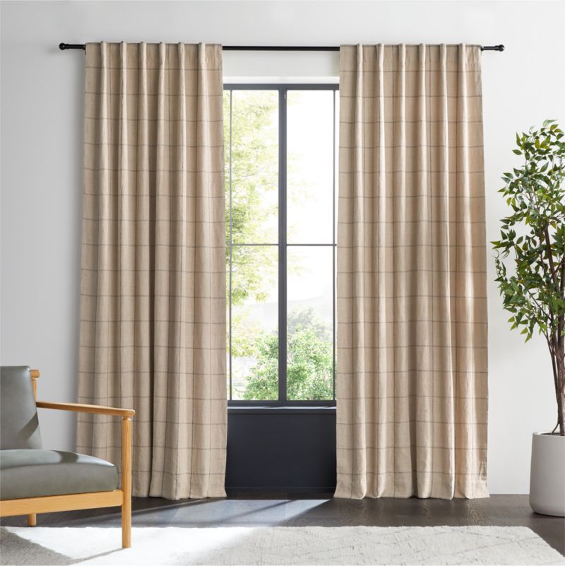 Warm Beige & Storm Grey Linen Double Pinstripe Grid Blackout Window Curtain Panel 52"x108"