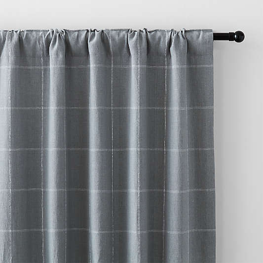 Mist Blue & Crisp White Linen Double Pinstripe Grid Window Curtain Panel