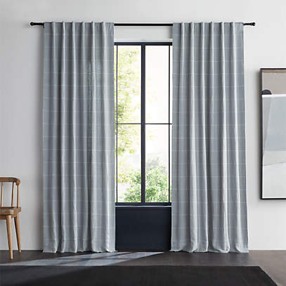 Mist Blue & Crisp White Linen Double Pinstripe Grid Window Curtain