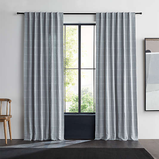 Mist Blue & Crisp White Linen Double Pinstripe Grid Window Curtain Panel