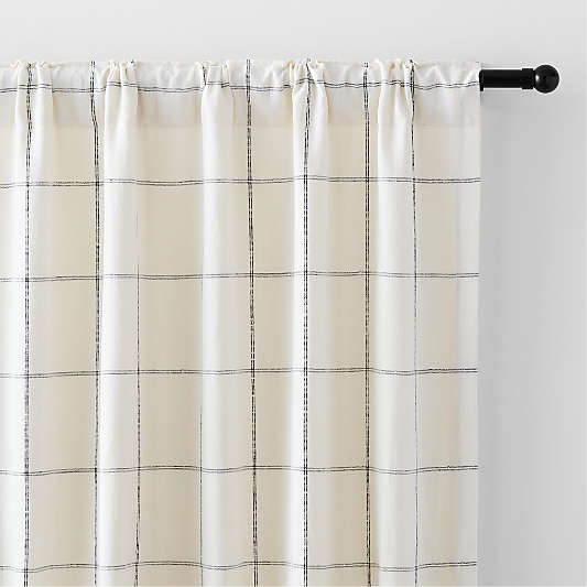 Pampas Ivory & Storm Grey Linen Double Pinstripe Grid Window Curtain Panel 52"x84"