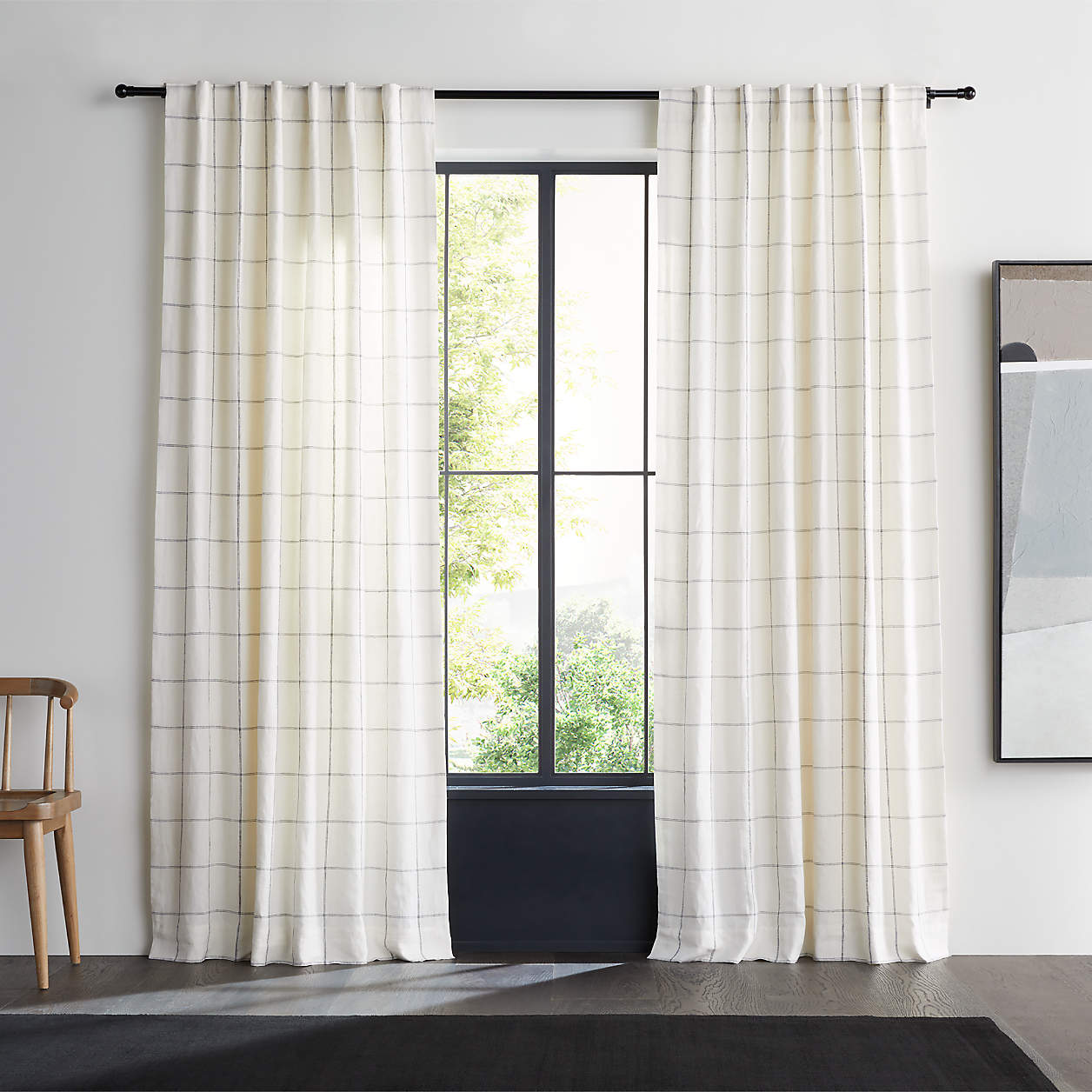 Pampas Ivory & Storm Grey Linen Double Pinstripe Grid Window Curtain