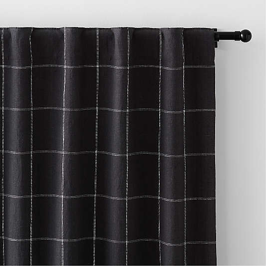 Storm Grey & Crisp White Linen Double Pinstripe Grid Blackout Window Curtain Panel 52"x84"