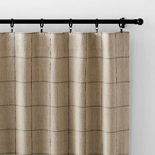 Warm Beige & Storm Grey Linen Double Pinstripe Grid Blackout Window Curtain Panel