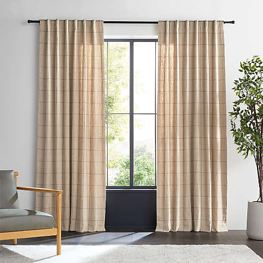 Warm Beige & Storm Grey Linen Double Pinstripe Grid Window Curtain Panel