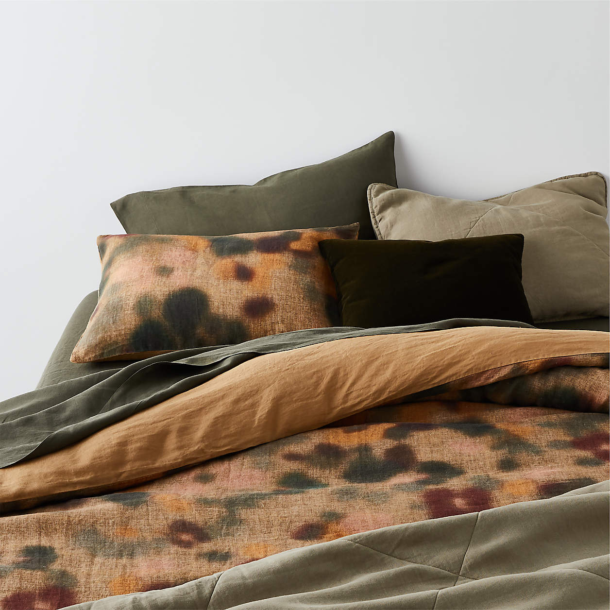 New Natural European Flax Certified Oversized Floral Ocher Tan/Burnt Green Duvet Cover Crate