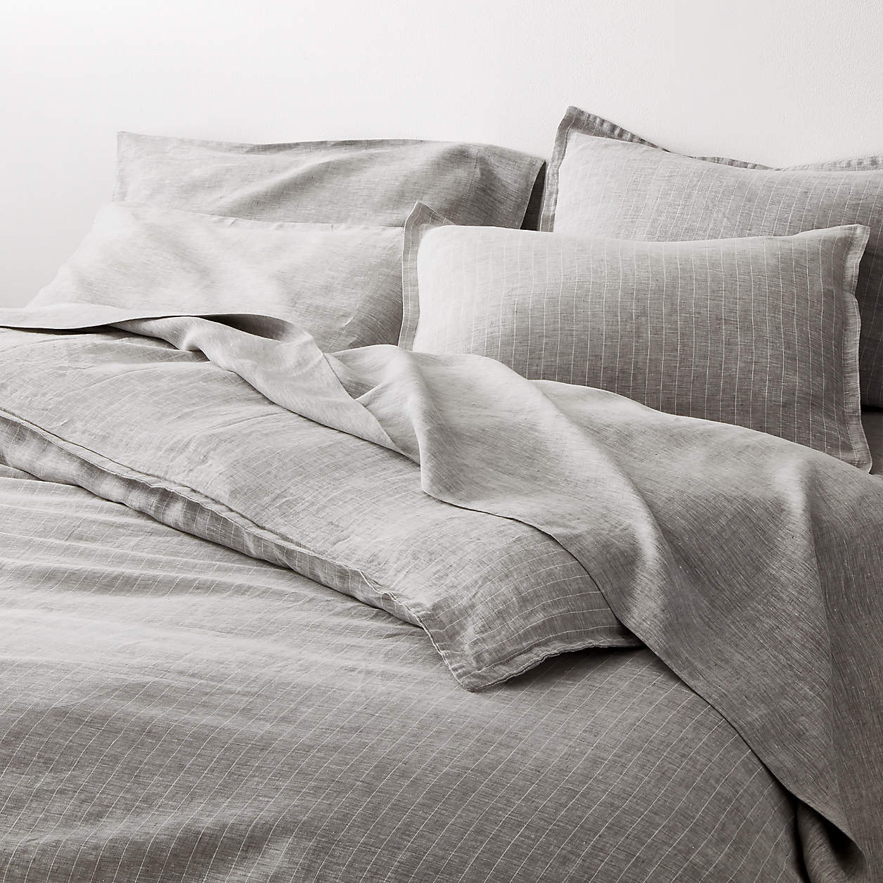 Pure Linen Pinstripe Grey Duvet Covers | Crate & Barrel