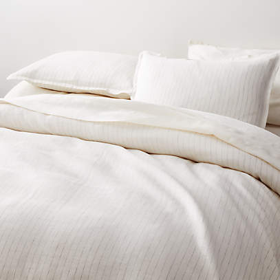 Pure Linen Pinstripe Warm White Full, Full Size Linen Duvet Cover
