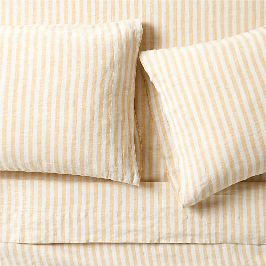 New Natural EUROPEAN FLAX ™-certified Linen Petite Stripe Arcadia Tan/Savannah Yellow Queen Bed Sheet Set