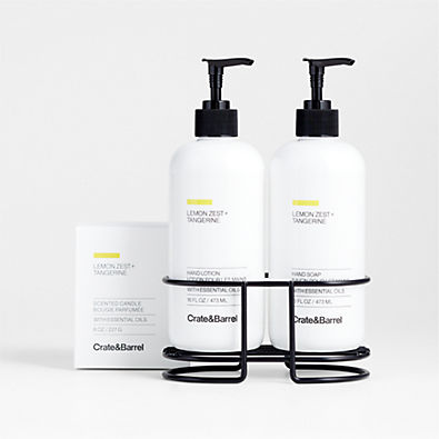 View Lemon Zest + Tangerine Hand Soap, Lotion and Candle Gift Set with Matte Black Caddy details