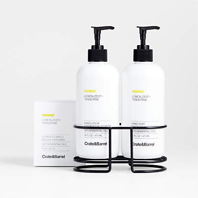 Lemon Zest + Tangerine Hand Soap, Lotion and Candle Gift Set with Matte Black Caddy