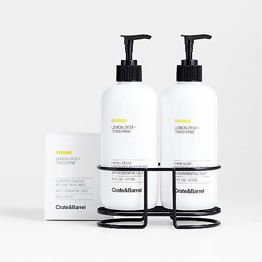 Lemon Zest + Tangerine Hand Soap, Lotion and Candle Gift Set with Matte Black Caddy