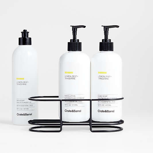 Lemon Zest + Tangerine Hand Soap, Lotion and Dish Soap Set with Matte Black Caddy