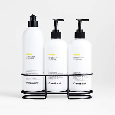 Lemon Zest + Tangerine Hand Soap, Lotion and Dish Soap Set with Matte Black Caddy