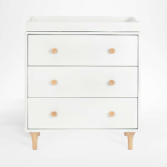 Babyletto Lolly White & Natural Wood 3-Drawer Changing Dresser with Removable Changing Tray & Contour Changing Pad