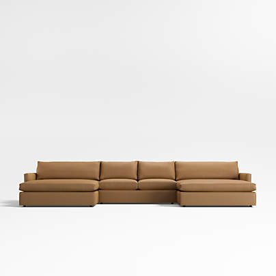 Lounge Classic 3-Piece U-Shaped Leather Sectional Sofa with Double Extra Wide Chaise Lounge