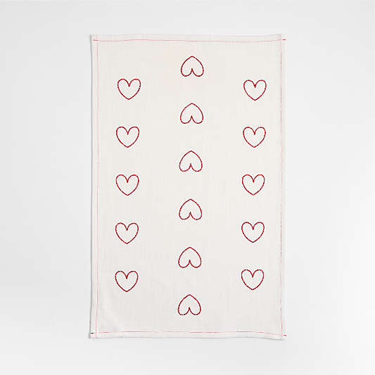 LOVE and Heart Print Embroidered Organic Cotton Dish Towels, Set of 2