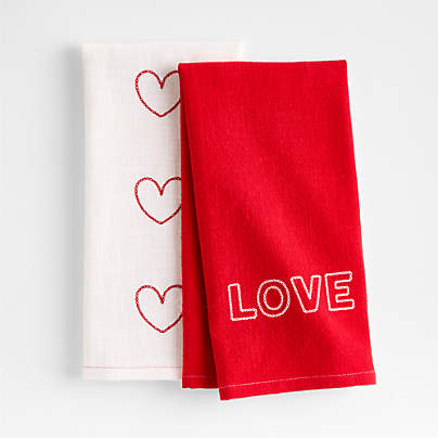 LOVE and Heart Print Embroidered Organic Cotton Dish Towels, Set of 2