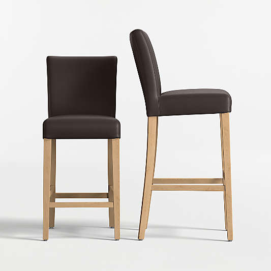 Lowe Chocolate Leather Stools with Natural Wood Legs