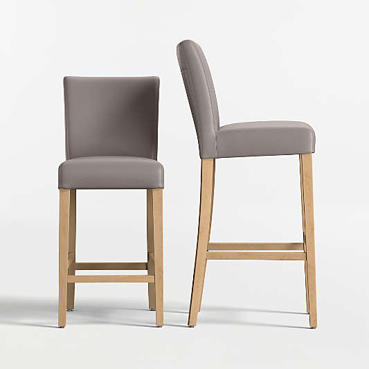 Lowe Grey Leather Stools with Natural Wood Legs