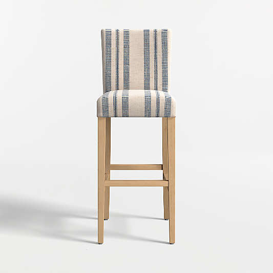 Lowe Indigo Stripe Upholstered Bar Stool with Natural Wood Legs