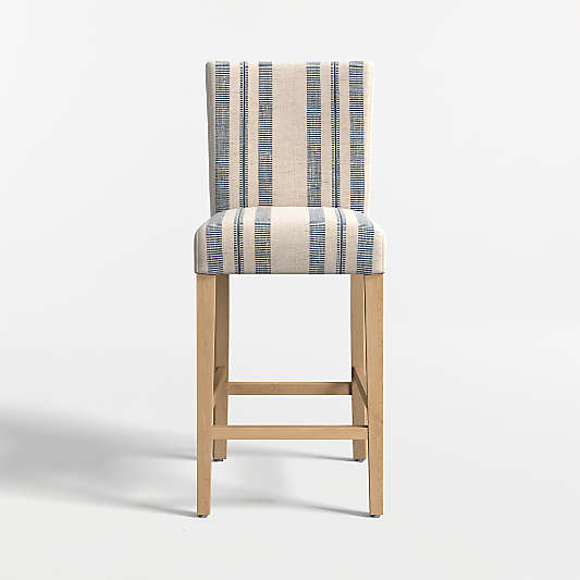 Lowe Indigo Stripe Upholstered Counter Stool with Natural Wood Legs