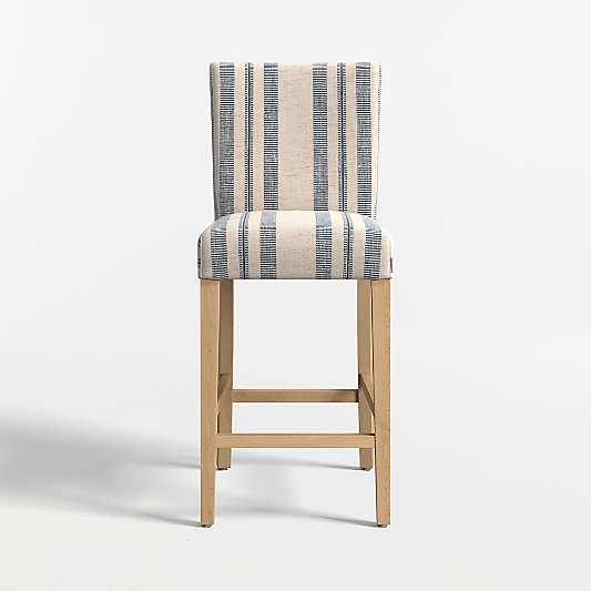 Lowe Indigo Stripe Upholstered Counter Stool with Natural Wood Legs