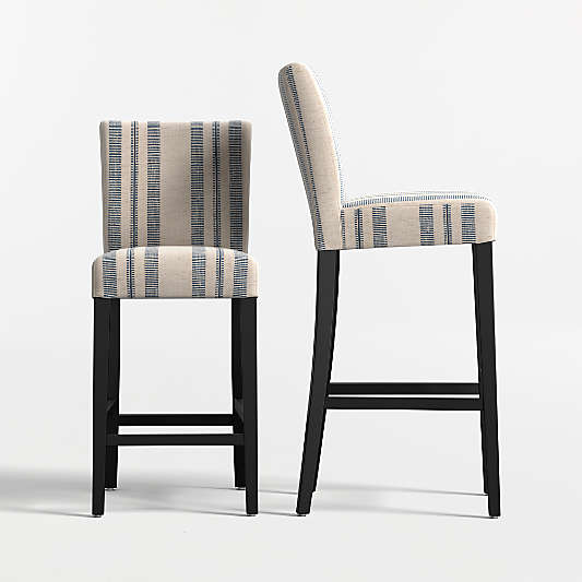 Lowe Indigo Stripe Upholstered Stools with Ebony Wood Legs