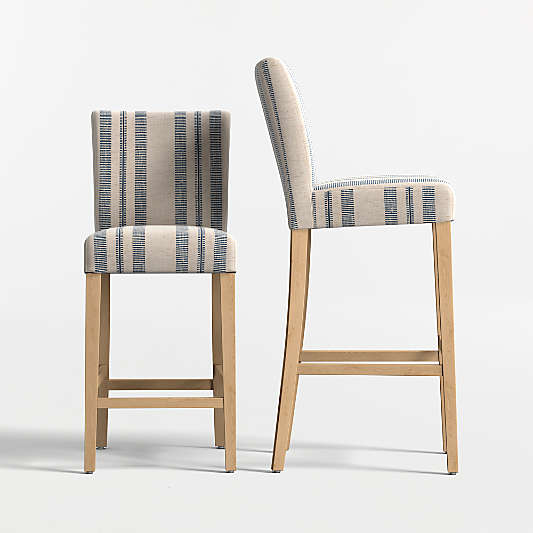 Lowe Indigo Stripe Upholstered Stools with Natural Wood Legs