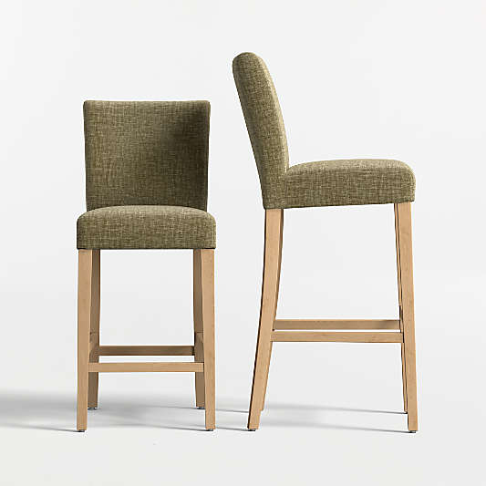 Lowe Doux Olive Upholstered Stools with Natural Wood Legs