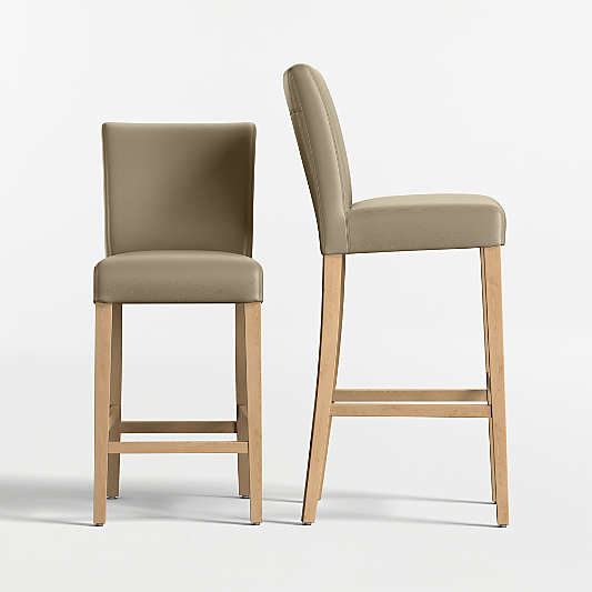 Lowe Moss Green Leather Stools with Natural Wood Legs