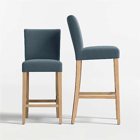 Lowe Navy Upholstered Stools with Natural Wood Legs